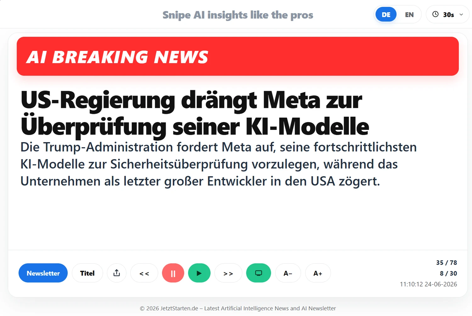 Screenshot der AI Breaking News Rotation mit großer Schlagzeile und Steuerung